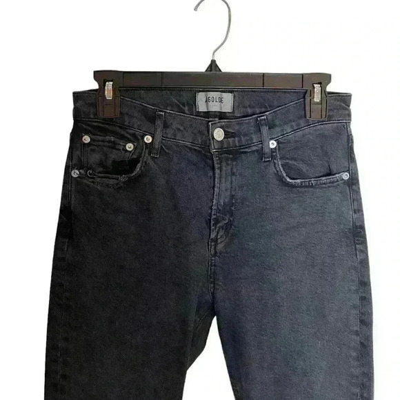 Agolde Toni Mid Rise Straight Jeans black distressed denim raw hem size 26 - Picture 3 of 11